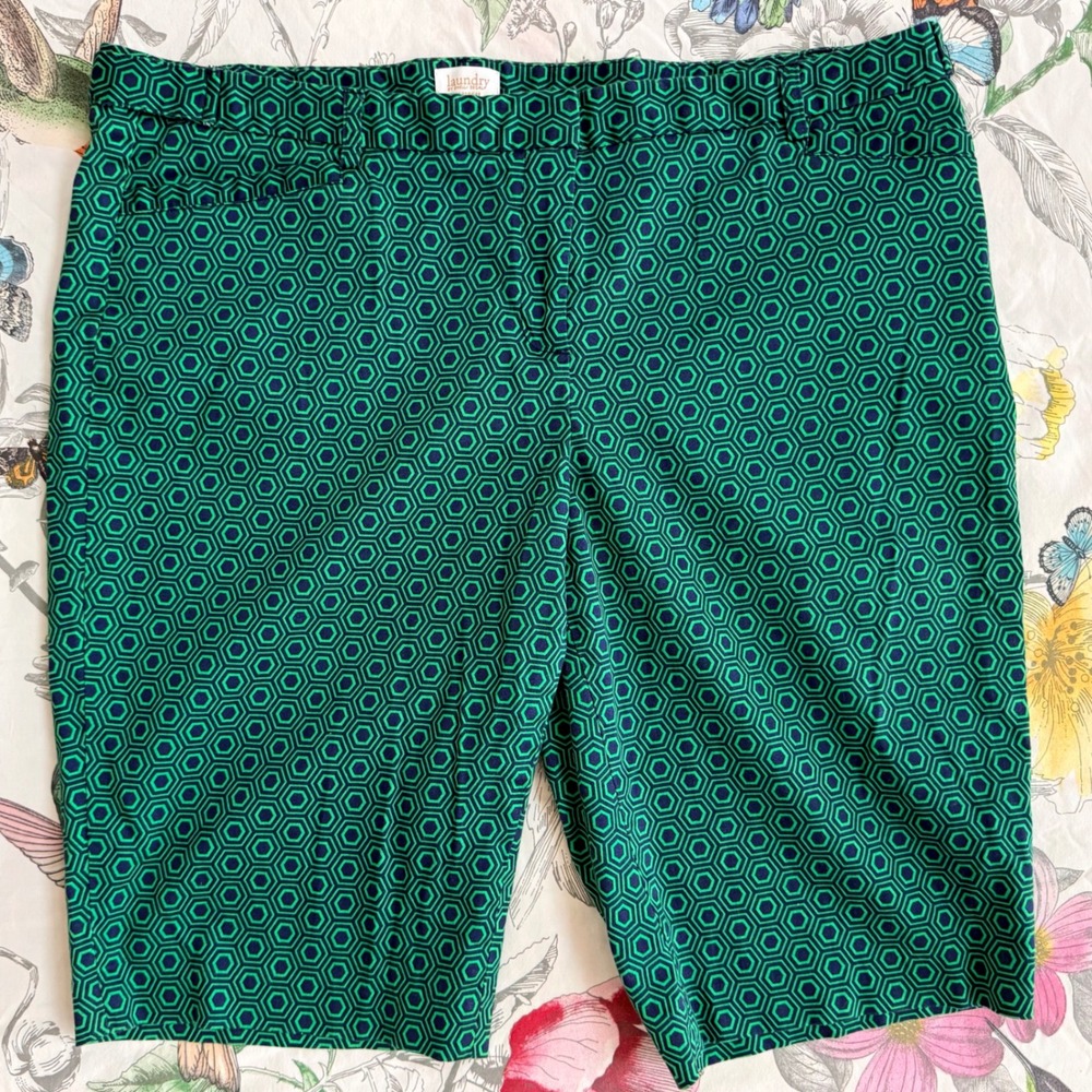 Laundry by Shelli Segal Bermuda Shorts Womens 14 Green Navy Geometric Excellent